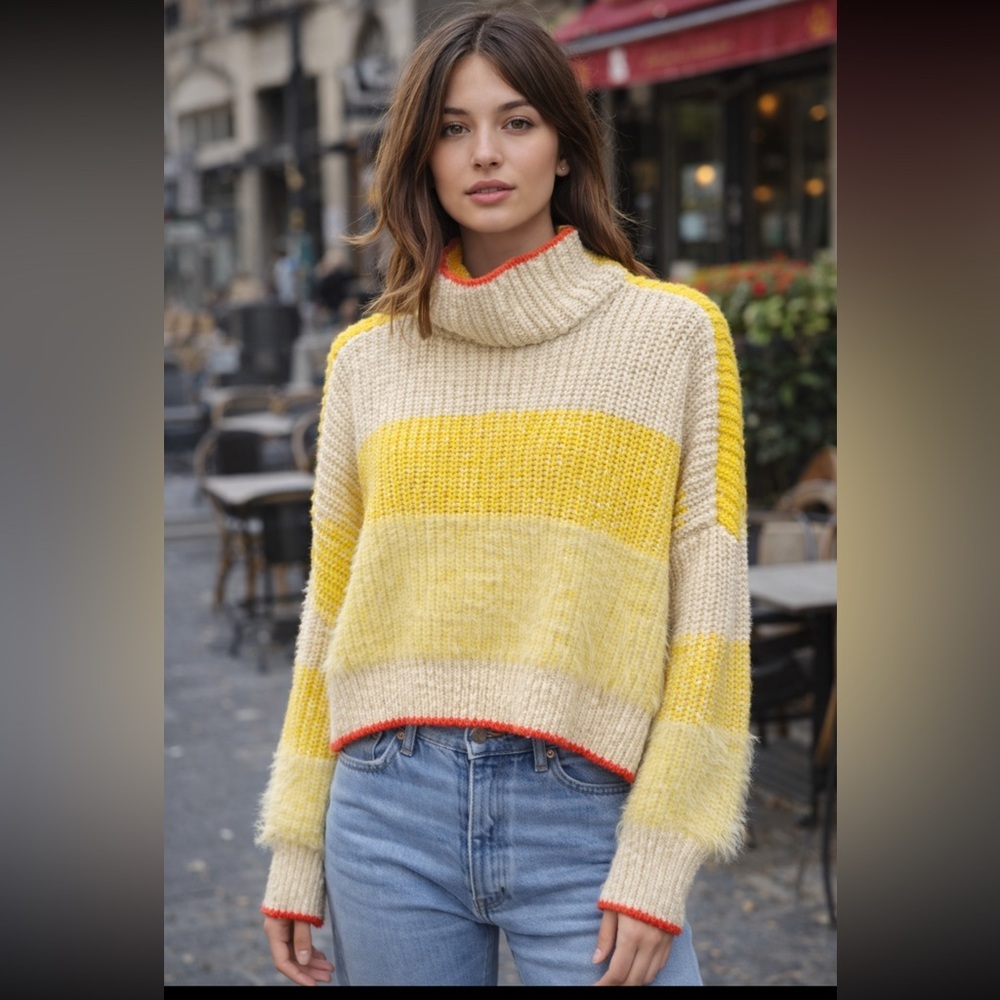 Free People Chunky Colorblock Turtleneck Sweater Yellow Cream M - Picture 1 of 5